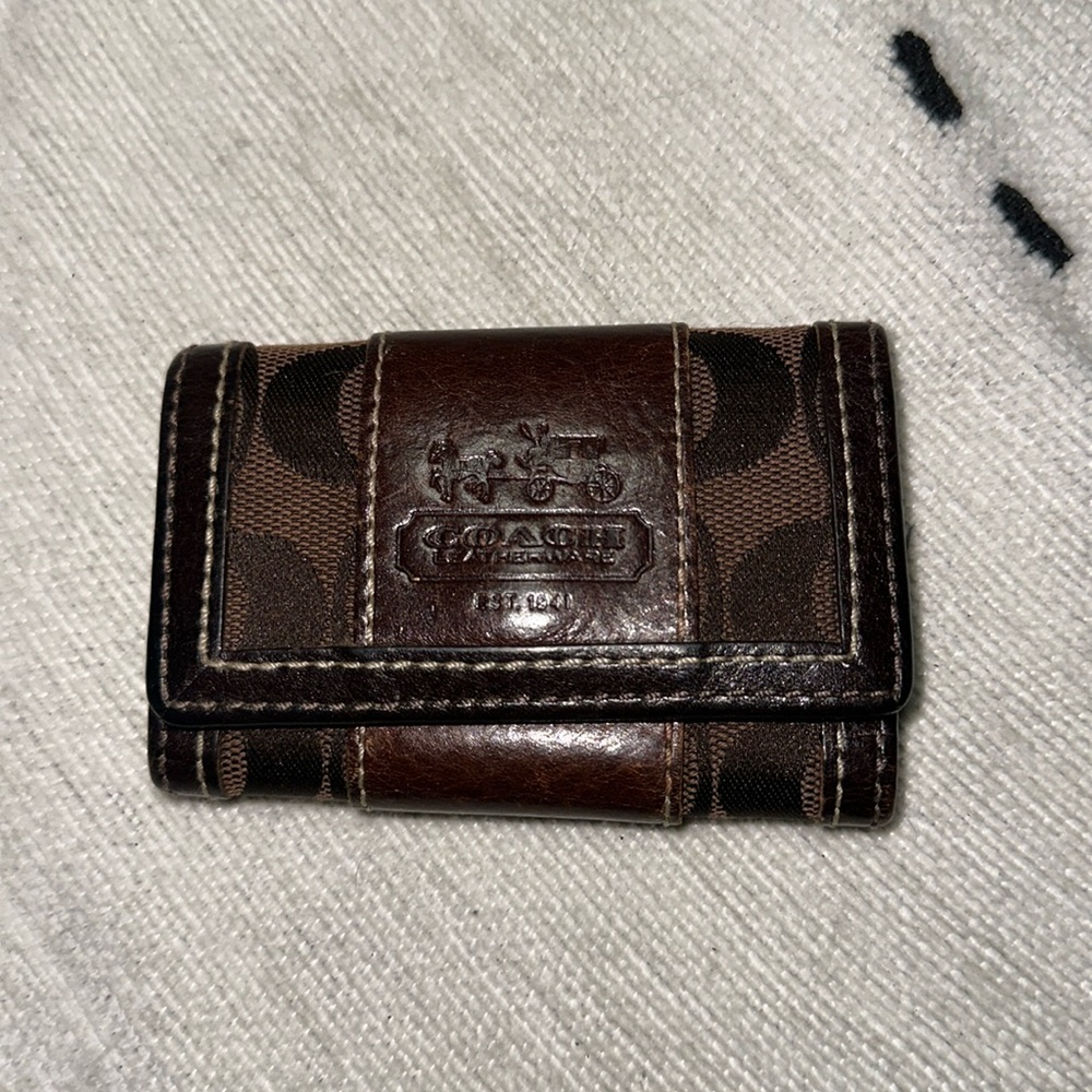 Coach brown monogram canvas key holder with brown leather stripe
